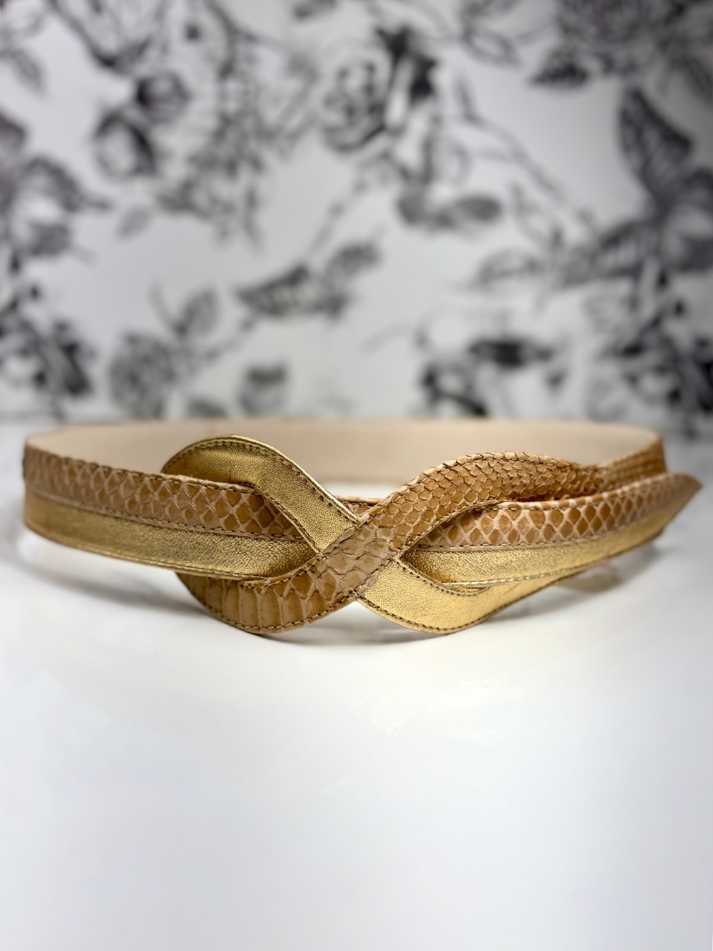 JLynch Tan Snakeskin/Gold Lambskin “Yasmine” Infinity Cinch Belt, Szs M-XL